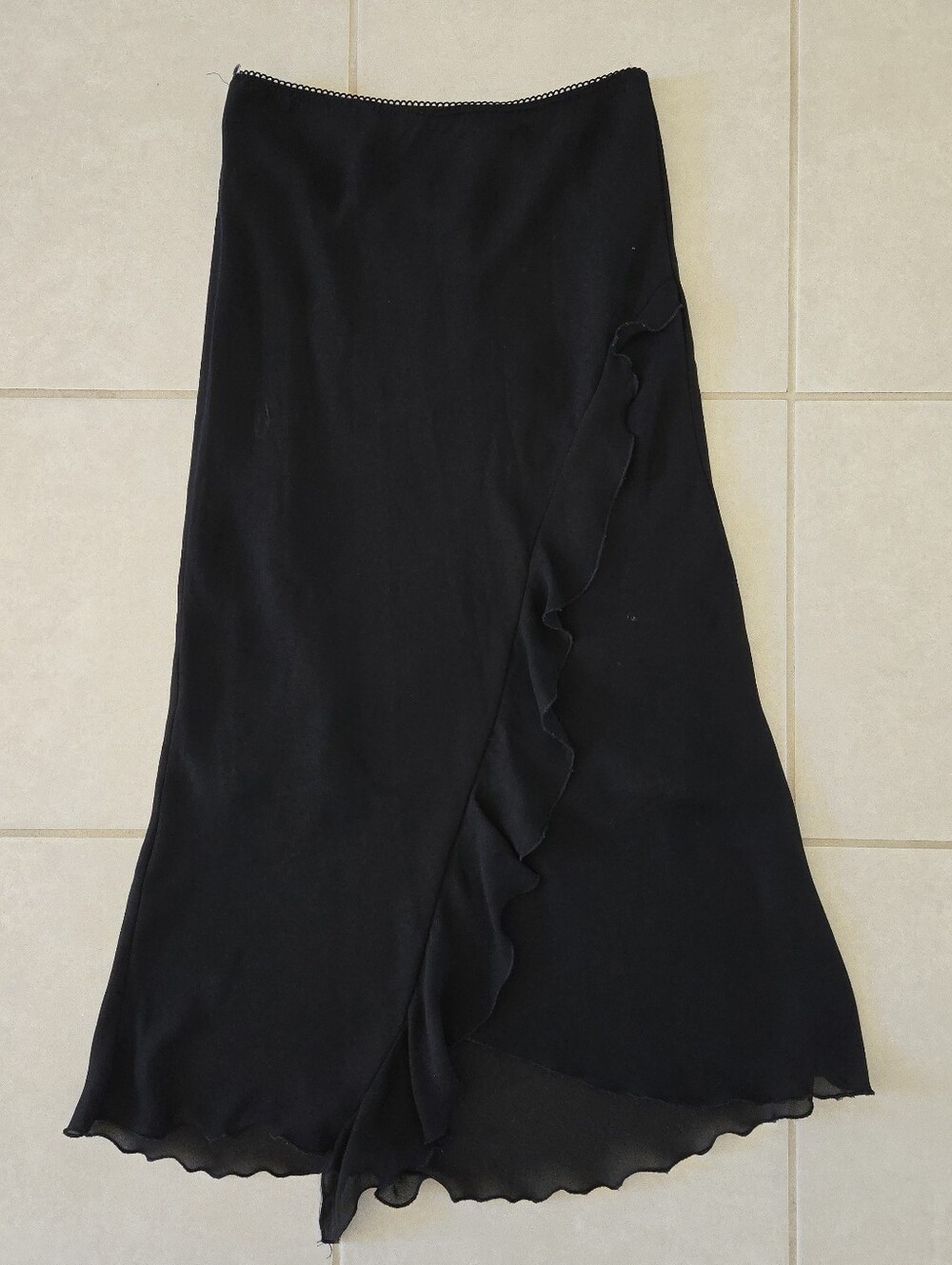 Vintage La Belle XS Sz 9 Midi Ruffle Straight Skirt Y2K 90s Solid Black